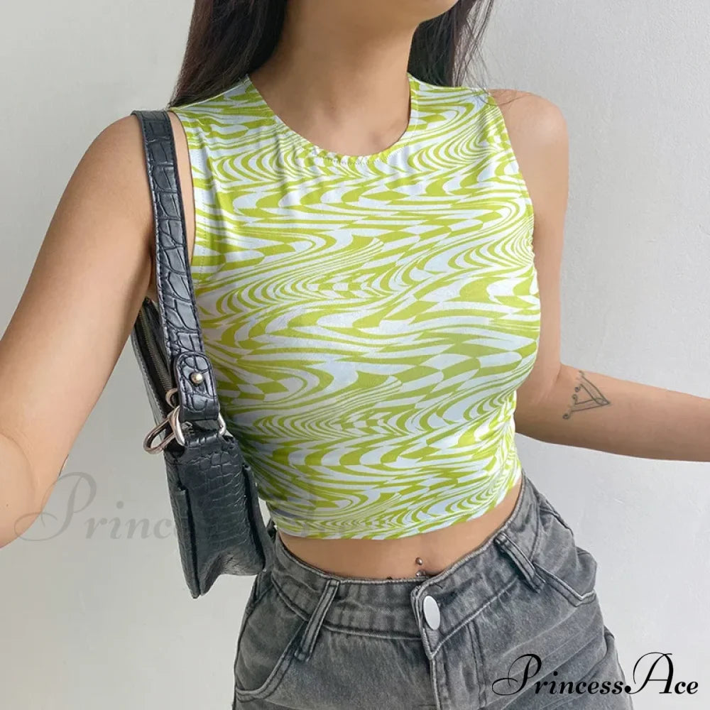 90s Aesthetics Striped Print Crops Summer Streetwear Sleeveless O-neck Green Baby Women Vests Tank top image 2