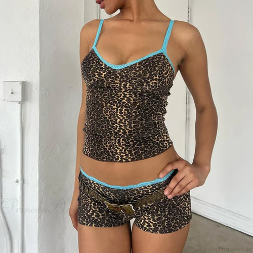 90s Rave Leopard Print 2 Piece Set Lace Trim Spaghetti Strap Camis + Shorts Y2K Vintage Crop Tops Sexy Club Party Matching Suit image 1