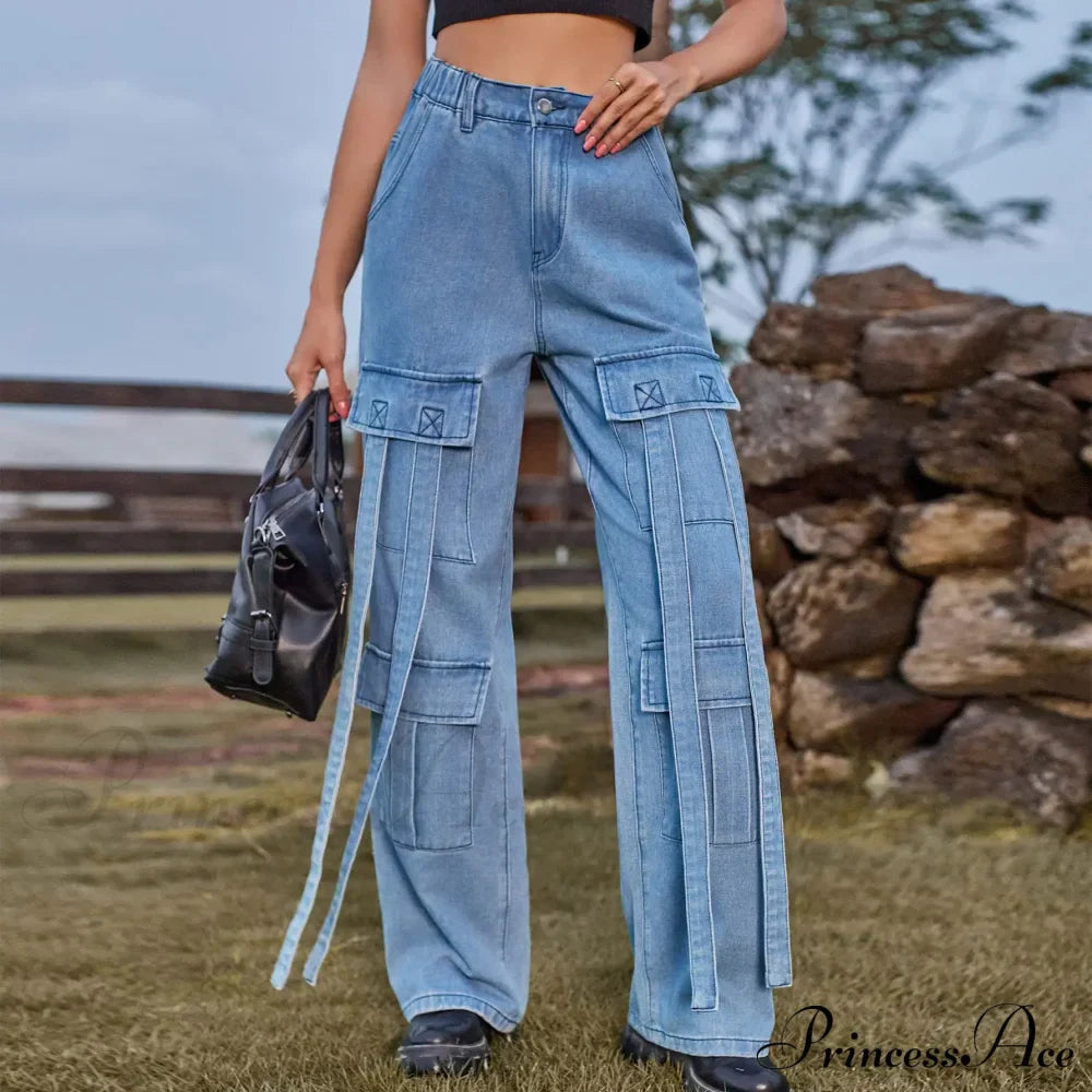 90s Streetwear Blue Cargo Casual Big Pockets Overalls High Waist Straight Denim Jean image 1