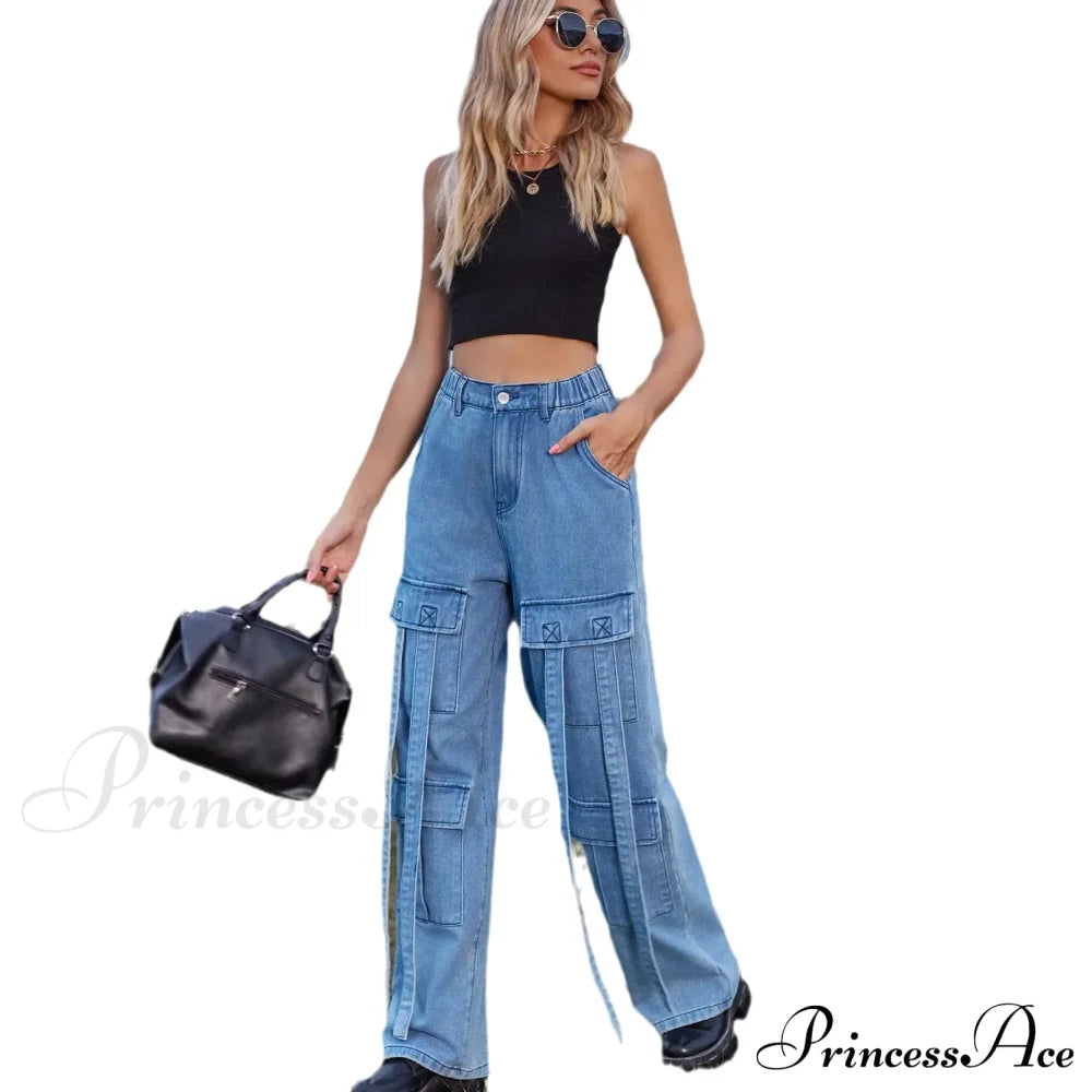 90s Streetwear Blue Cargo Casual Big Pockets Overalls High Waist Straight Denim Jean image 5