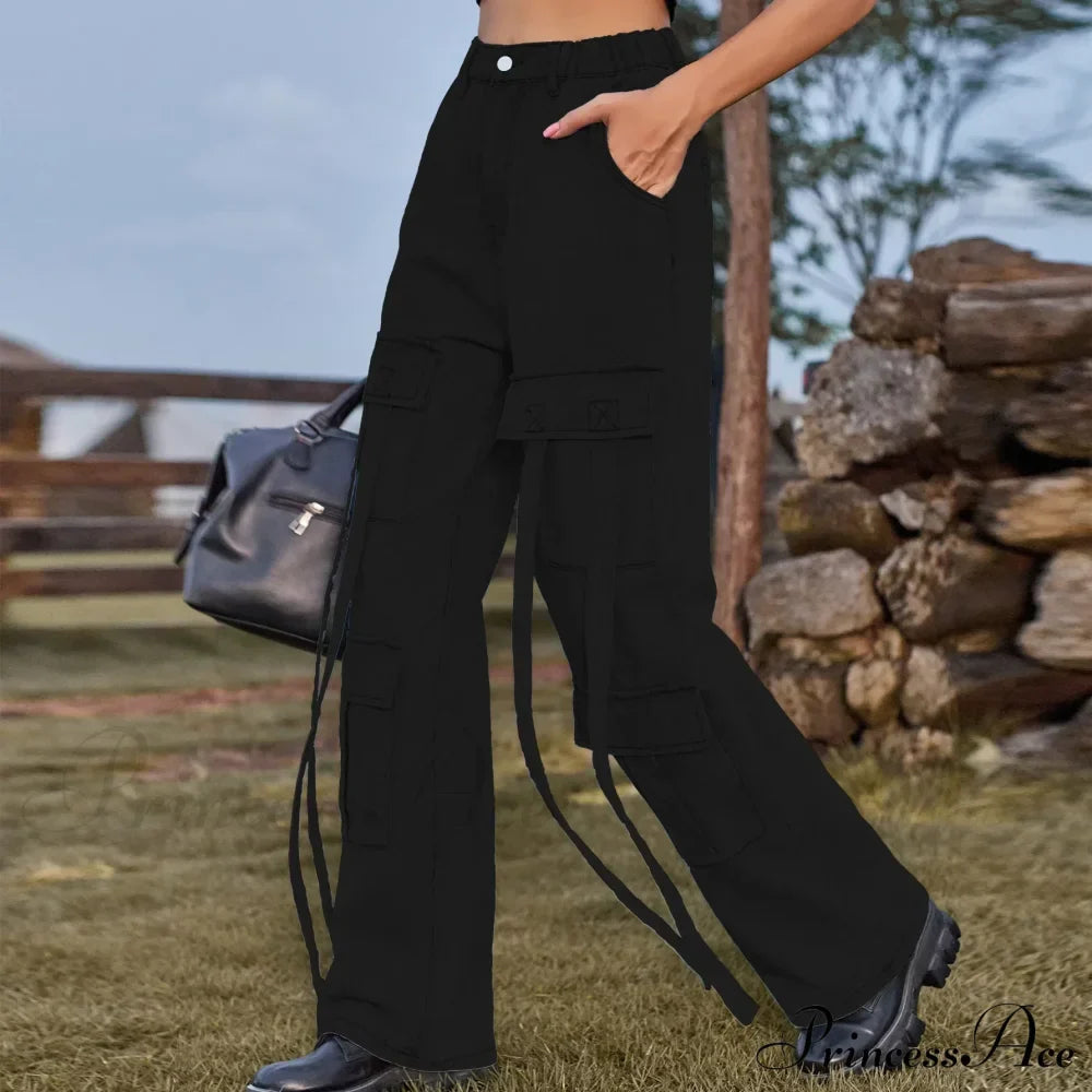 90s Streetwear Blue Cargo Casual Big Pockets Overalls High Waist Straight Denim Jean image 3