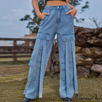 90s Streetwear Blue Cargo Casual Big Pockets Overalls High Waist Straight Denim Jean image 2