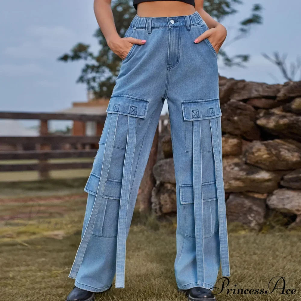 90s Streetwear Blue Cargo Casual Big Pockets Overalls High Waist Straight Denim Jean image 2