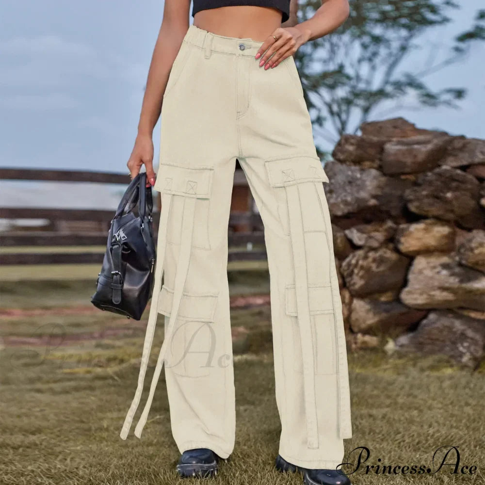 90s Streetwear Blue Cargo Casual Big Pockets Overalls High Waist Straight Denim Jean image 4