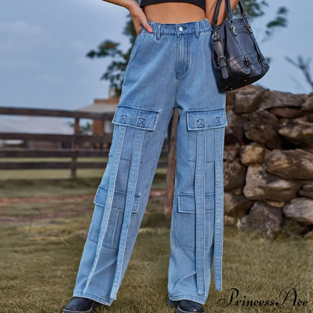 90s Streetwear Blue Cargo Casual Big Pockets Overalls High Waist Straight Denim Jean image 6