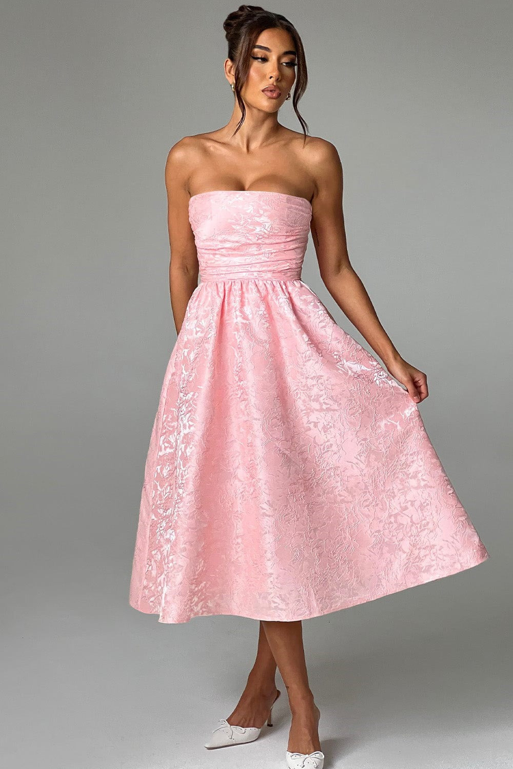 Solid Jacquard Strapless A-Line Party Dress image 3