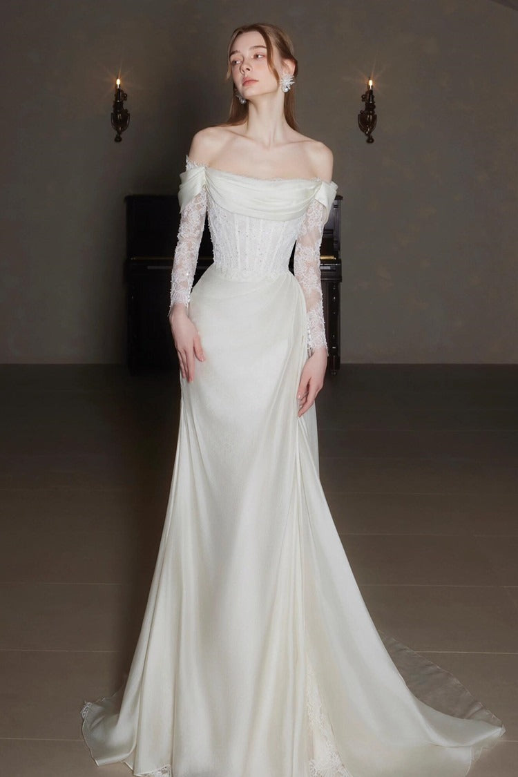 Off Shoulder Lace Satin Train Wedding Dress image 2