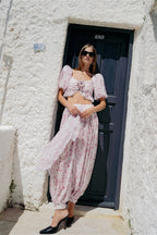 Pink White Floral Puff Sleeve Top Lantern Pants Two Piece Set image 1
