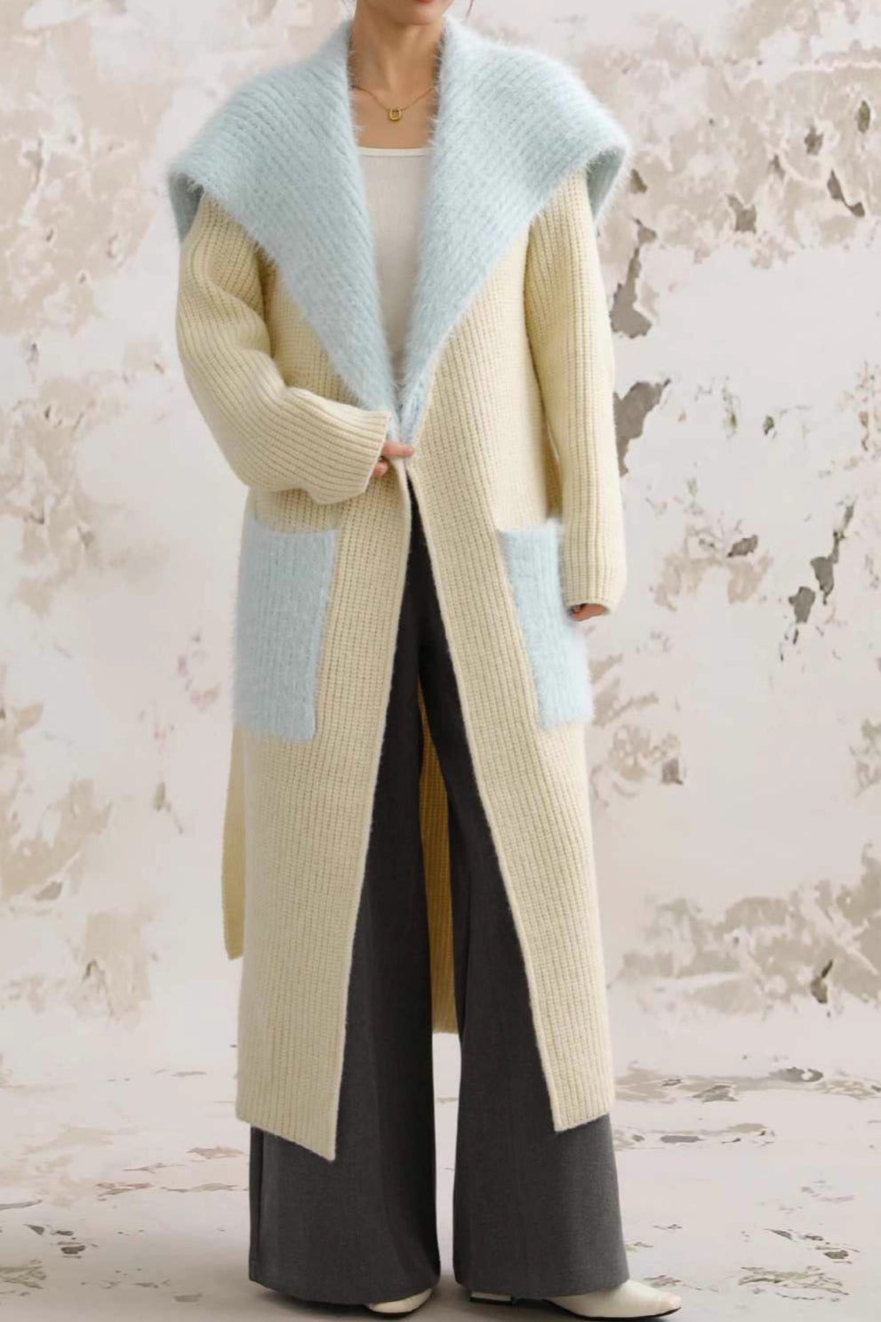 Faux Fur Collar Long Patchwork Loose Knit Overcoat image 1