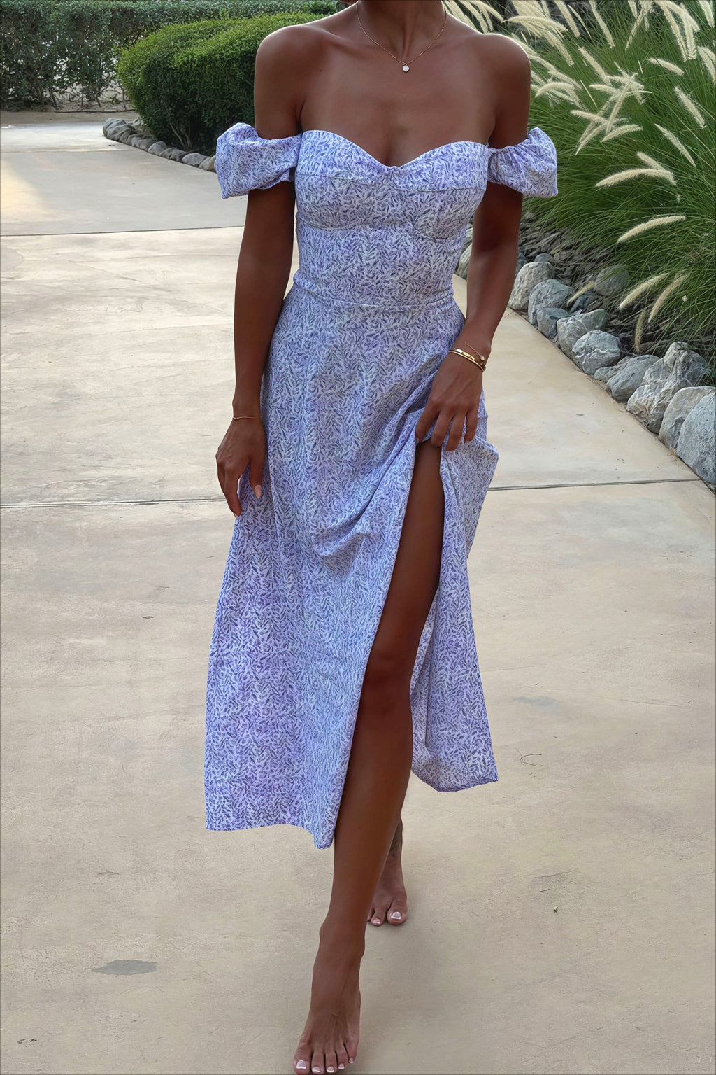 Off Shoulder Floral Slit Midi Dress image 10