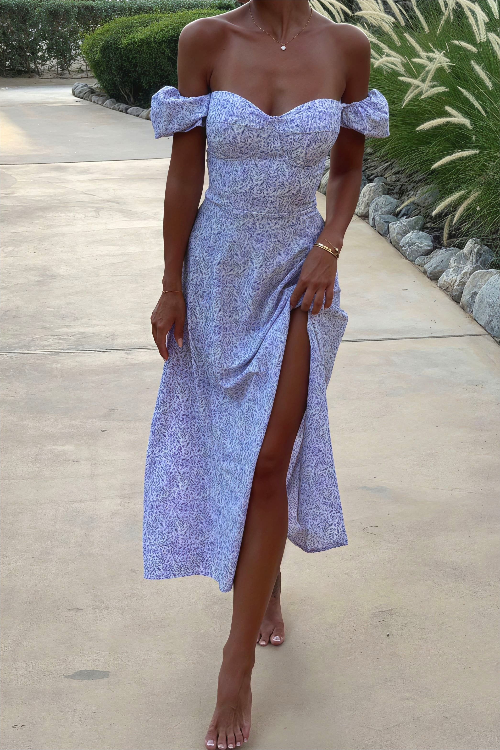 Off Shoulder Floral Slit Midi Dress image 10