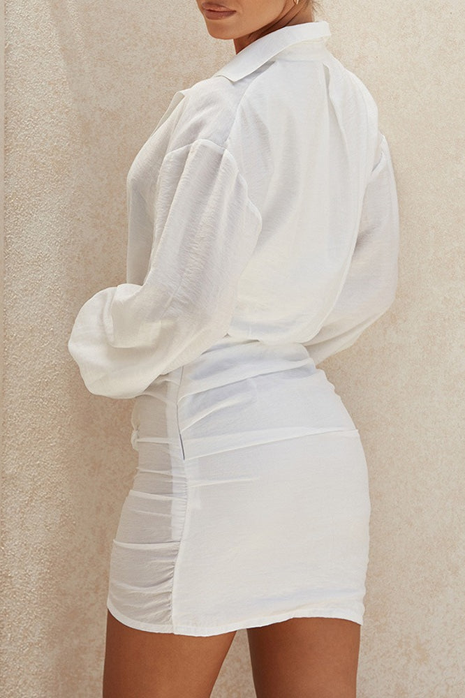 White Linen Plunging V Neck Long Sleeve Shirt Mini Dress image 3