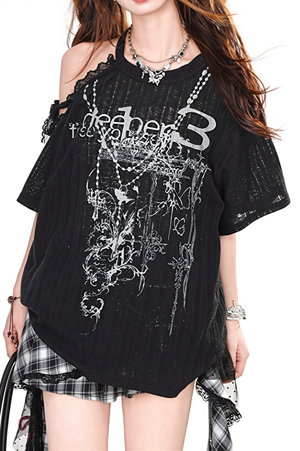 Asymmetric Lace Off Shoulder T‑shirt image 3