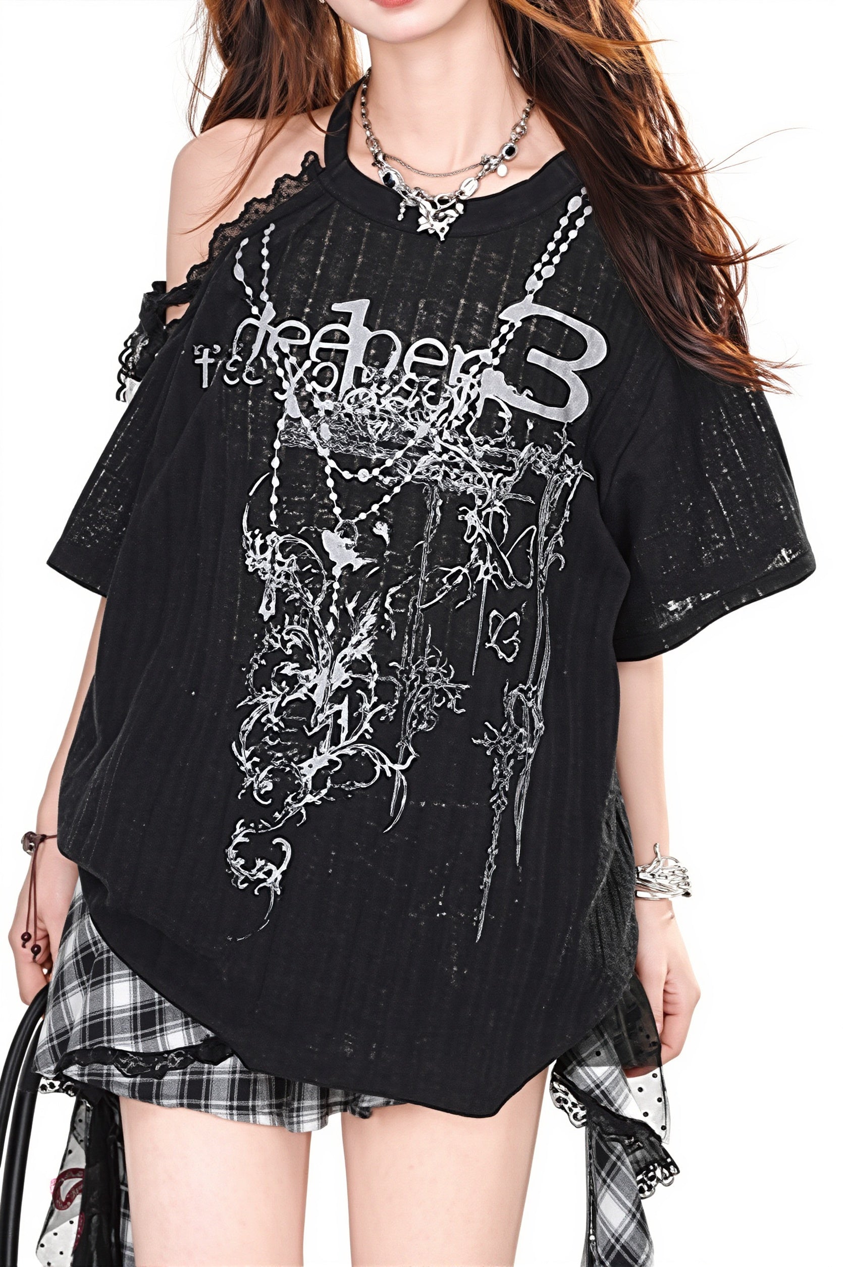 Asymmetric Lace Off Shoulder T‑shirt image 3