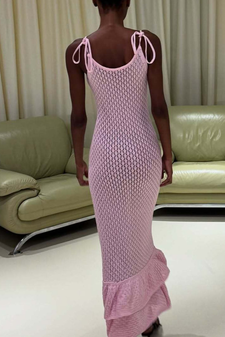 Boho Ruffle Knit Sexy Cutout Sheer Cami Maxi Dress image 13
