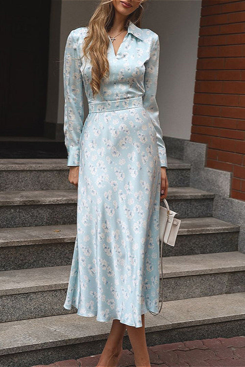 Collared Long Sleeve Satin High Waist Floral Dress image 1