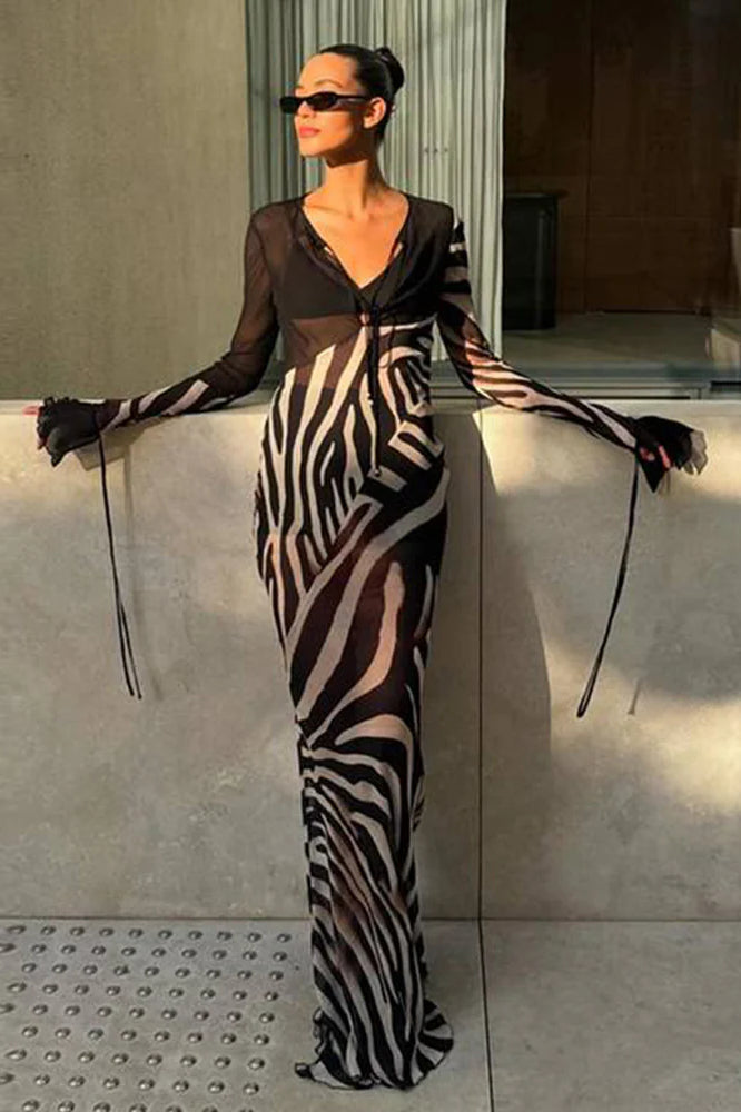 Chiffon V-Neck Slim Fit Long Sleeve Maxi Dress image 7