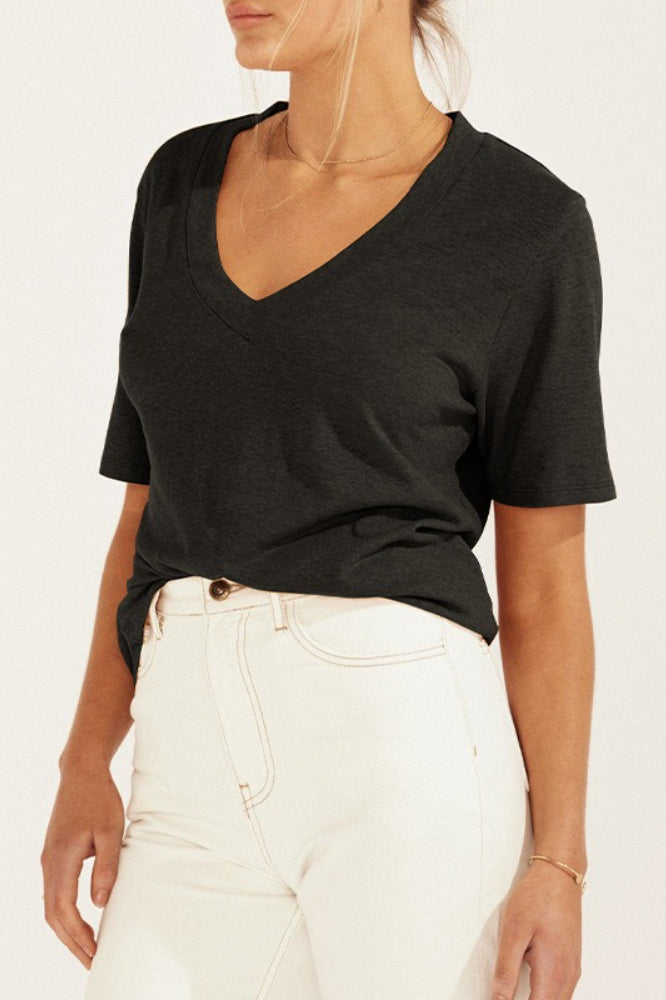 Minimalist Solid Deep V Neck Slub Cotton Loose T-shirt image 6