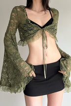 Sheer V Neck Lace Flare Sleeve Blouse image 3