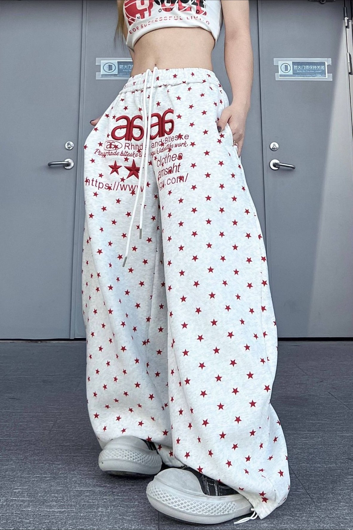 Star Letter Embroidered Cotton Baggy Sweat Pants image 2