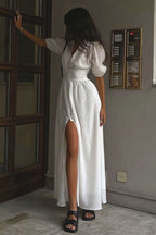 Elegant Puff Sleeve Deep V Slit Midi Dress image 2