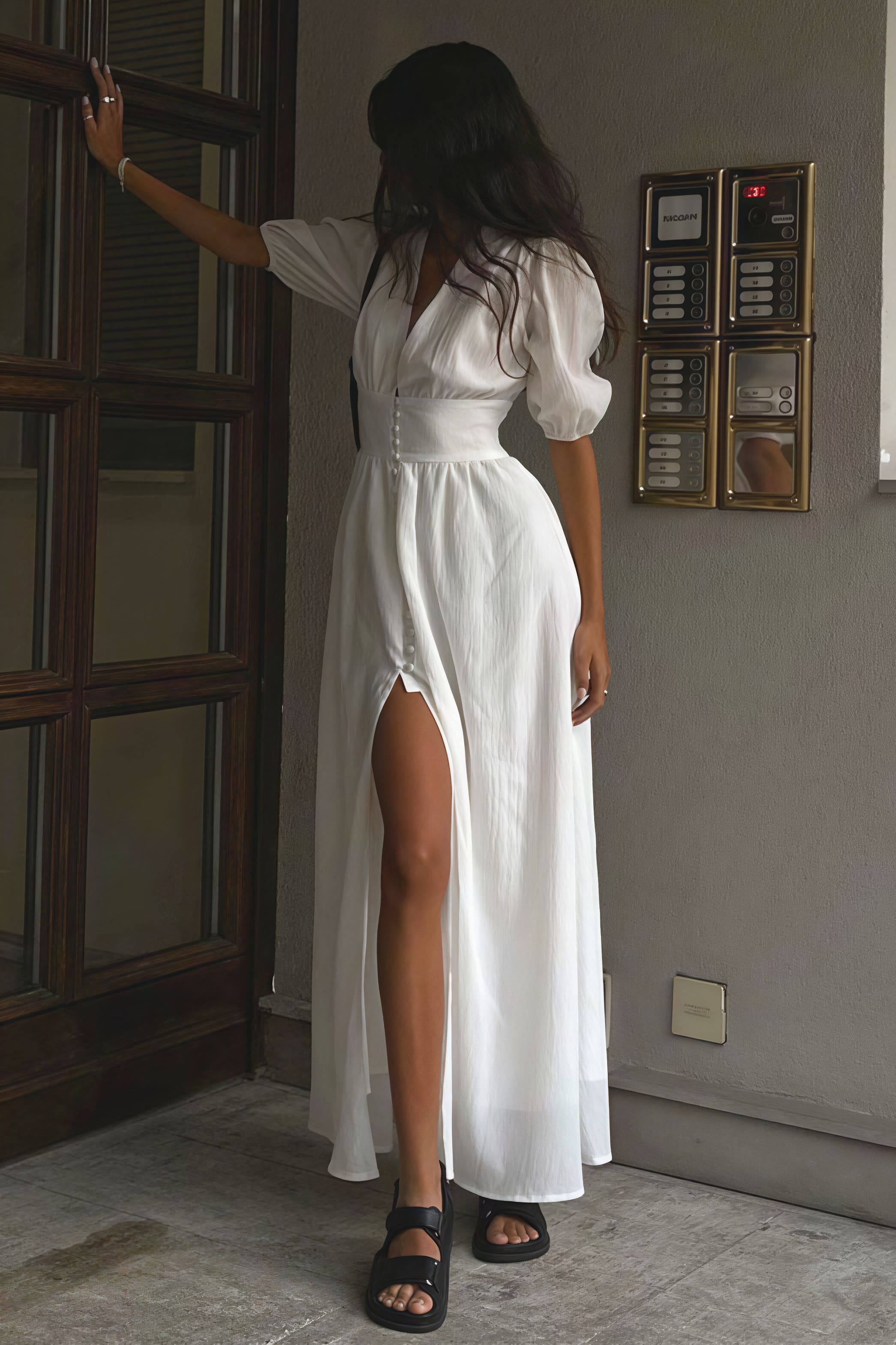 Elegant Puff Sleeve Deep V Slit Midi Dress image 2