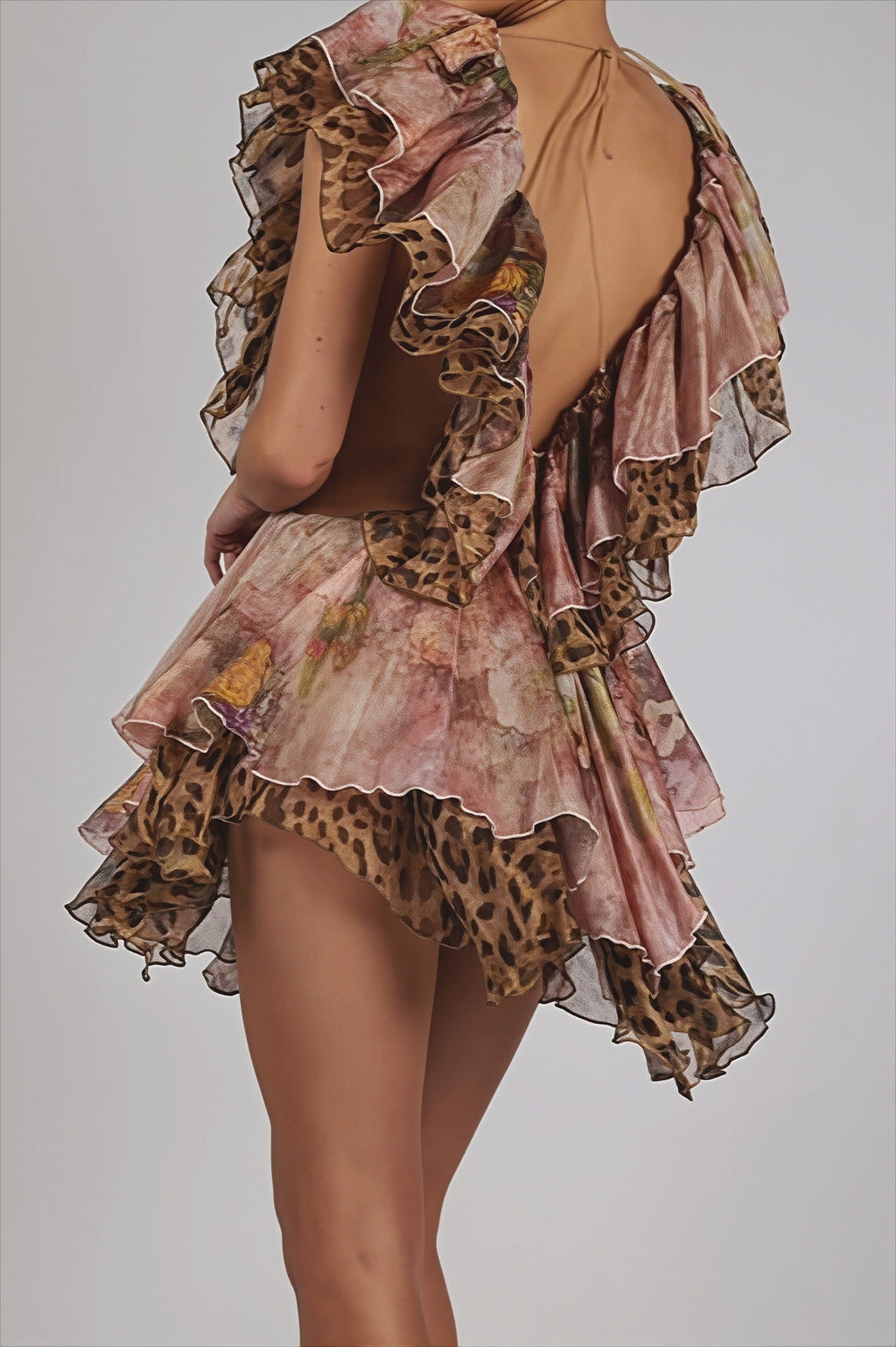 Backless Irregular Ruffle Print Mini Dress image 3