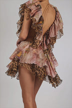 Backless Irregular Ruffle Print Mini Dress image 3