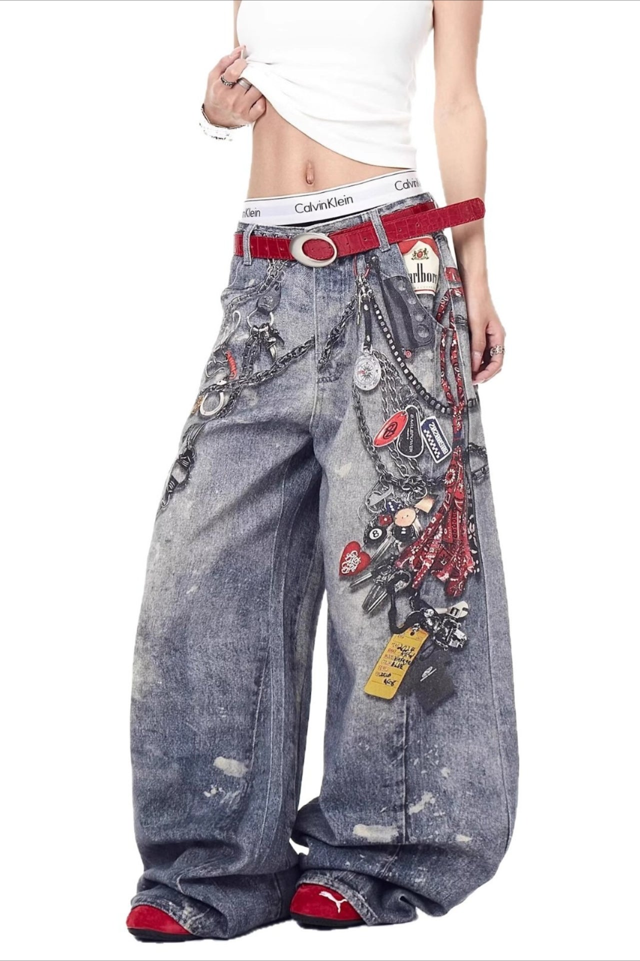 High Street 3D Chain Print Loose Wide Leg Jeans image 1
