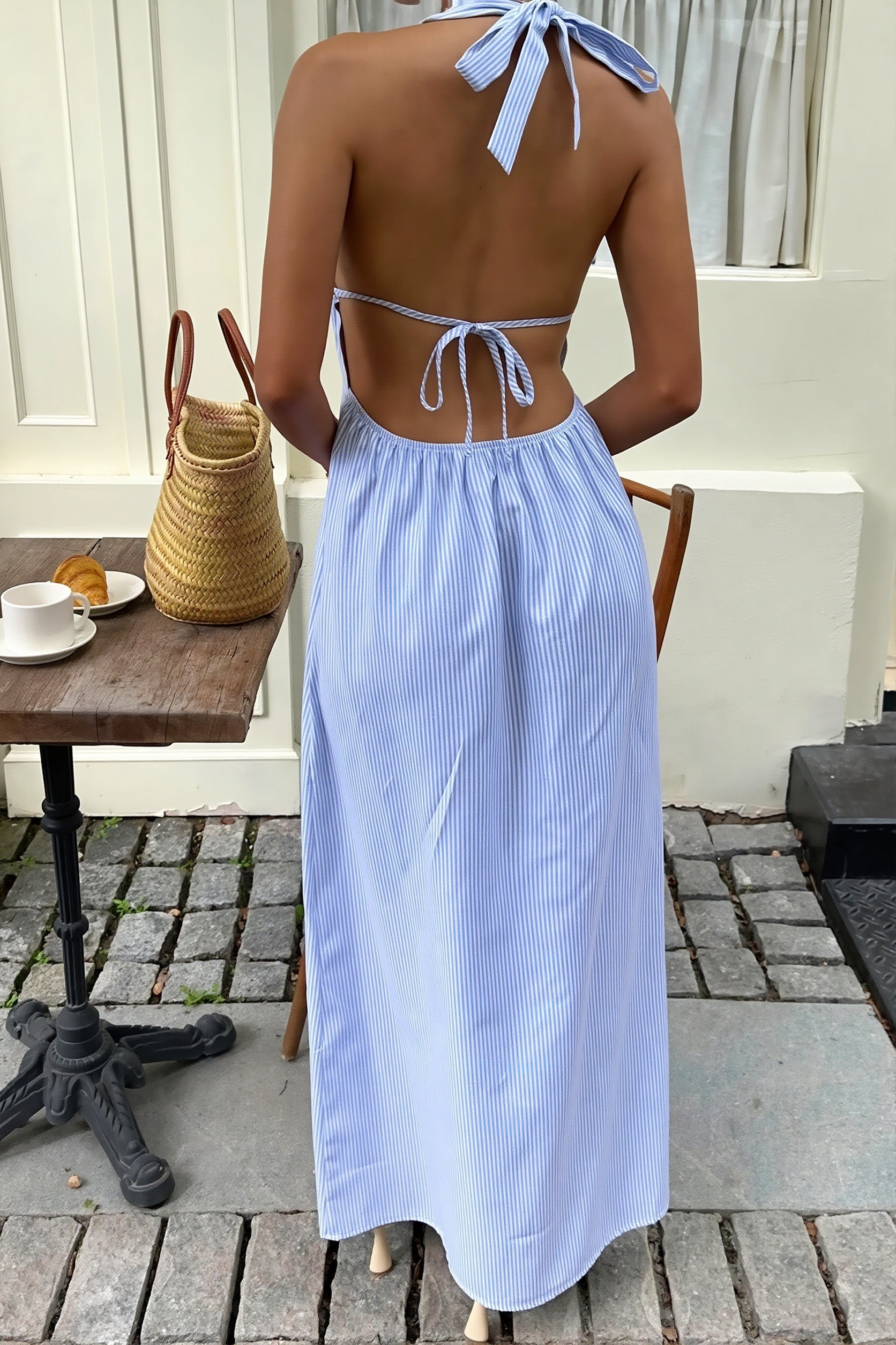 Sexy Stripe Halter Backless Lace Up Maxi Dress image 8