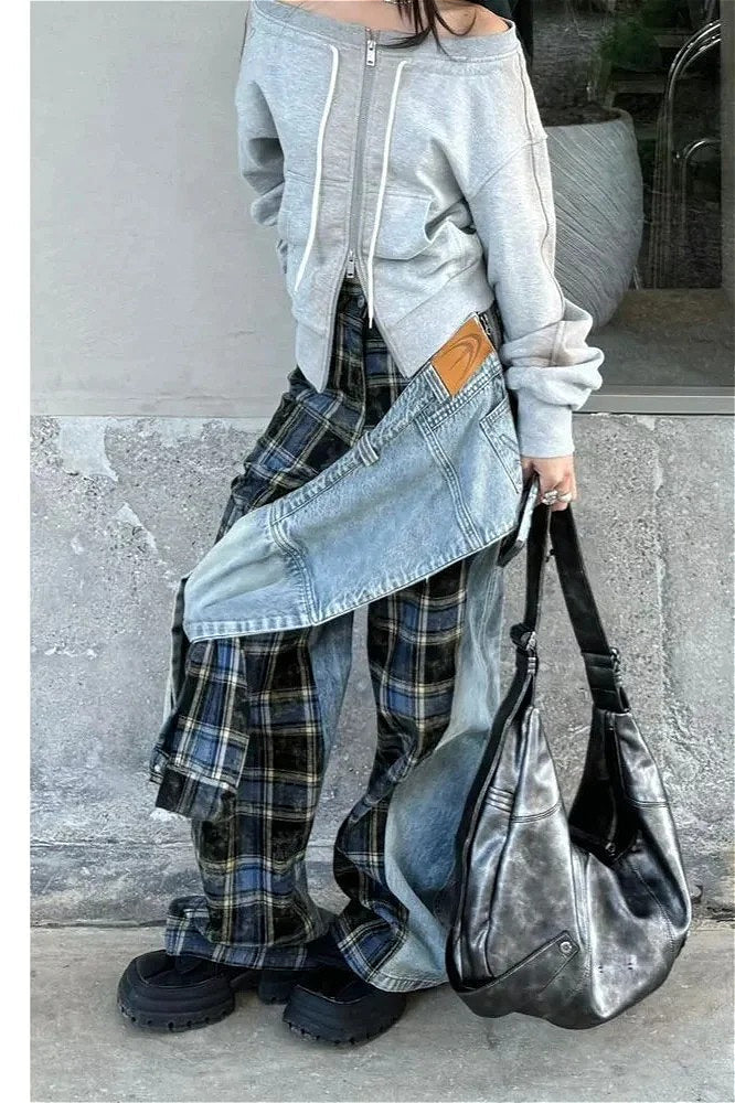 Plaid Patchwork High Waist Denim Pant image 2