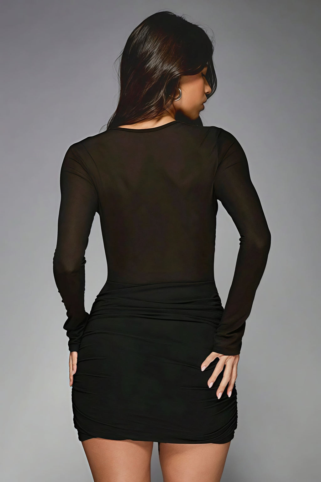 Sheer Mesh Ruched Patchwork Long Sleeve Mini Dress image 6