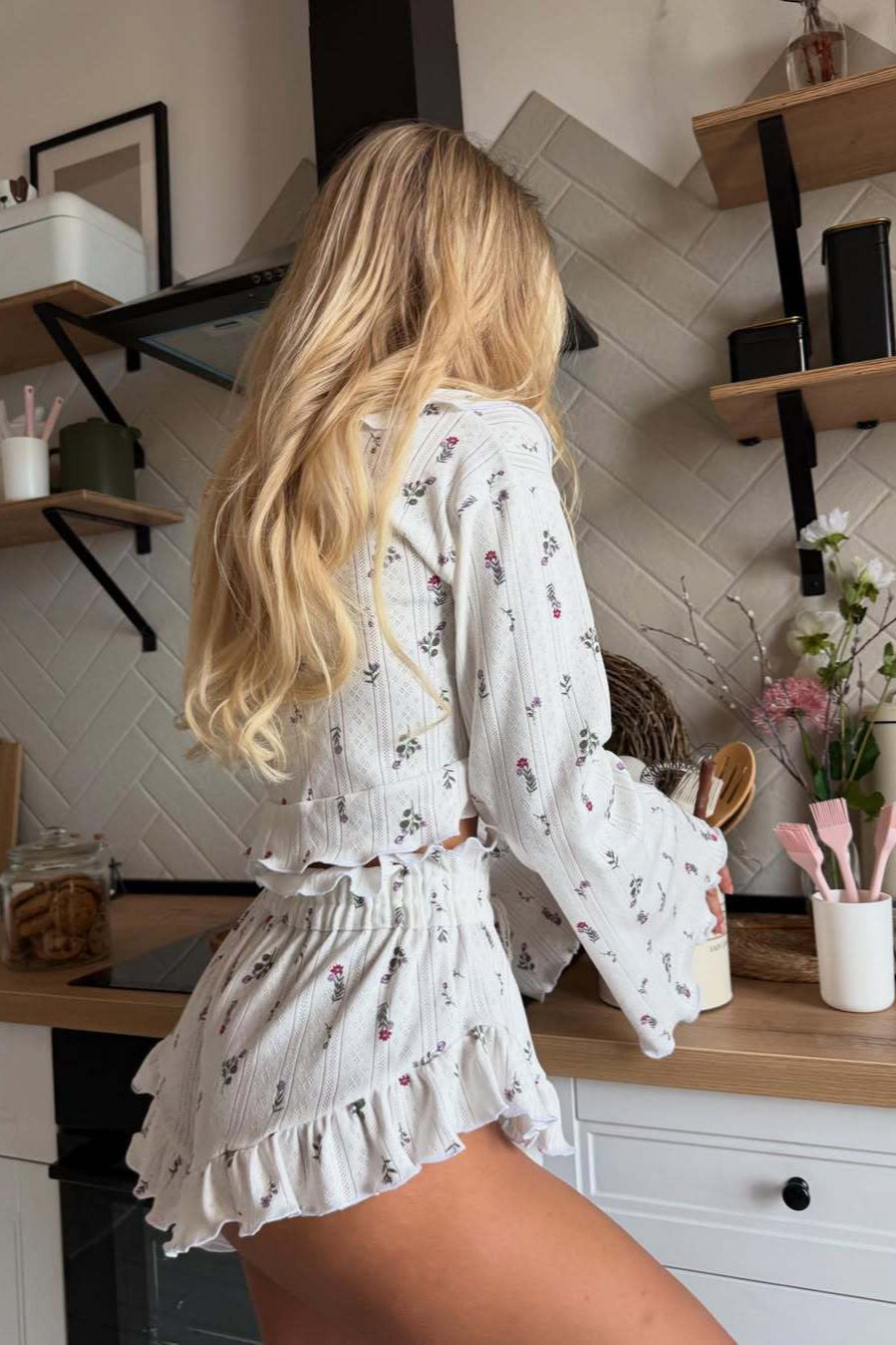 Short Cardigan Hollow Out Long Sleeve Floral Shorts Loungewear Two Piece Set image 2