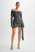 Off Shoulder Tie Knit Sweater Dress image 9