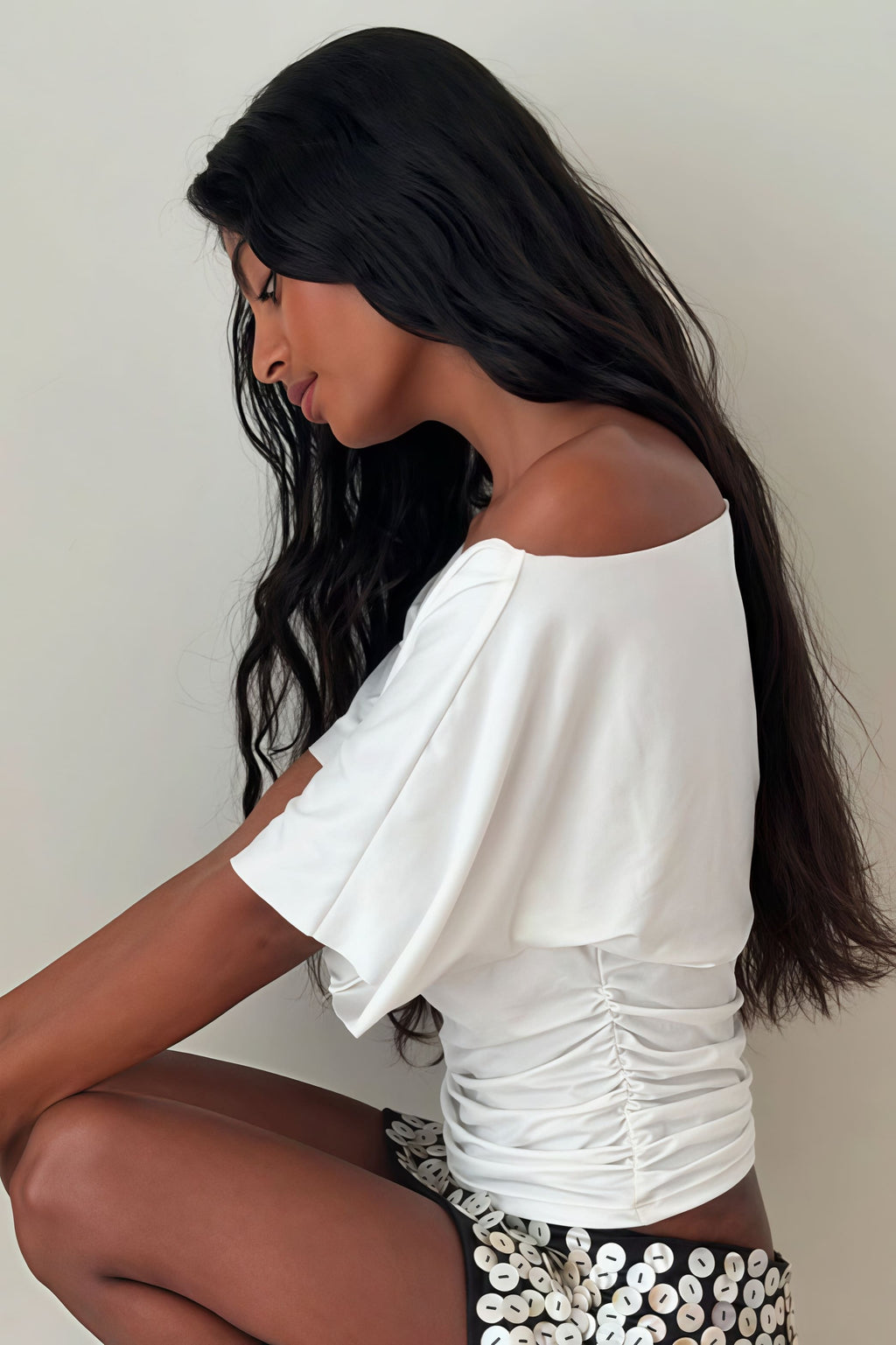 Chic Solid Off Shoulder Shirred Waist T-shirt image 3