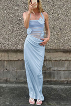 3D Floral Patchwork Halter Slim Cutout Waist Maxi Dress image 8
