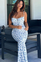 Blue White Floral Spaghetti Strap Slim Maxi Dress image 3
