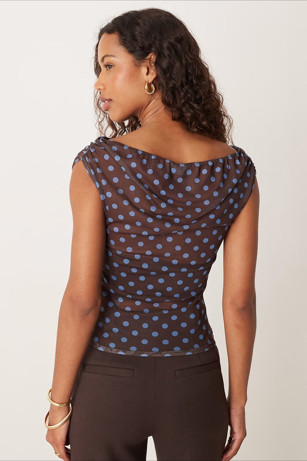Ruched Polka Dot Mesh Short Sleeve Blouse image 3