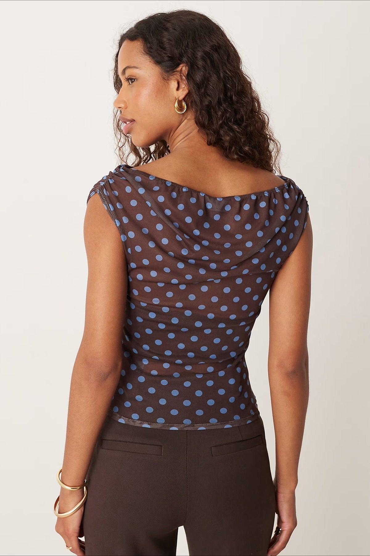 Ruched Polka Dot Mesh Short Sleeve Blouse image 3