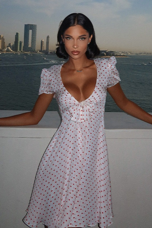 Sexy Deep V Puff Sleeve High Waist Polka Dot Mini Dress image 3