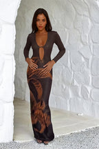 Deep V Cutout Print Long Sleeve Maxi Dress image 3