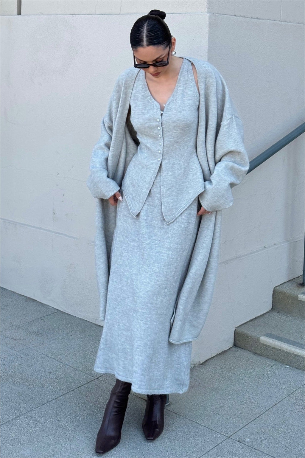 Vintage Gray Knit Jacket Vest & Maxi Skirt Three Piece Set image 4