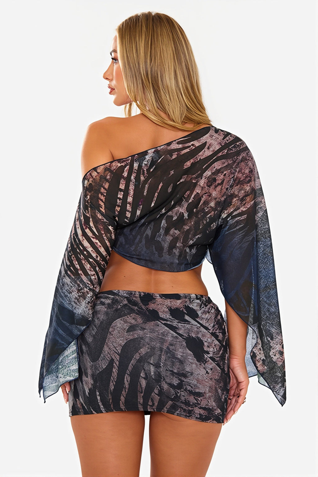 Tiger Print Mesh Off Shoulder Skirt Set image 3