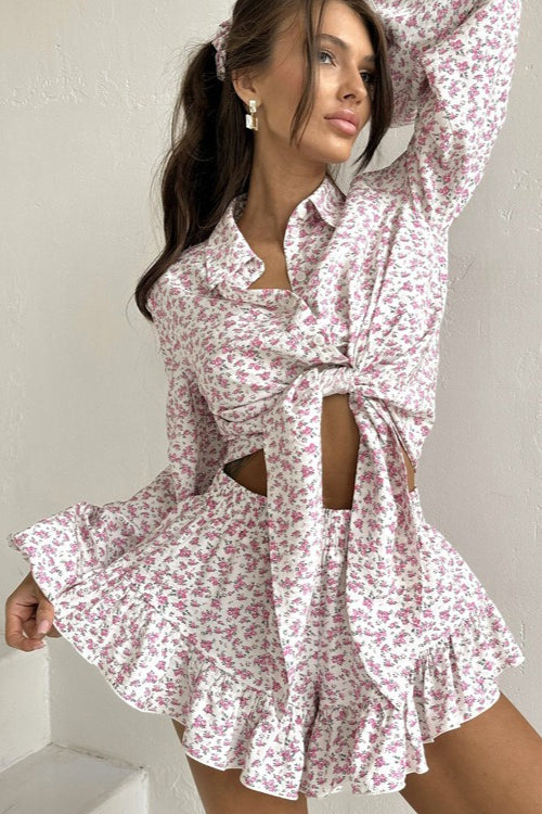 Floral Long Sleeve Lapel Ruffle Shorts Two Piece Set image 2