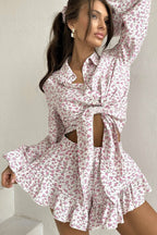 Floral Long Sleeve Lapel Ruffle Shorts Two Piece Set image 2