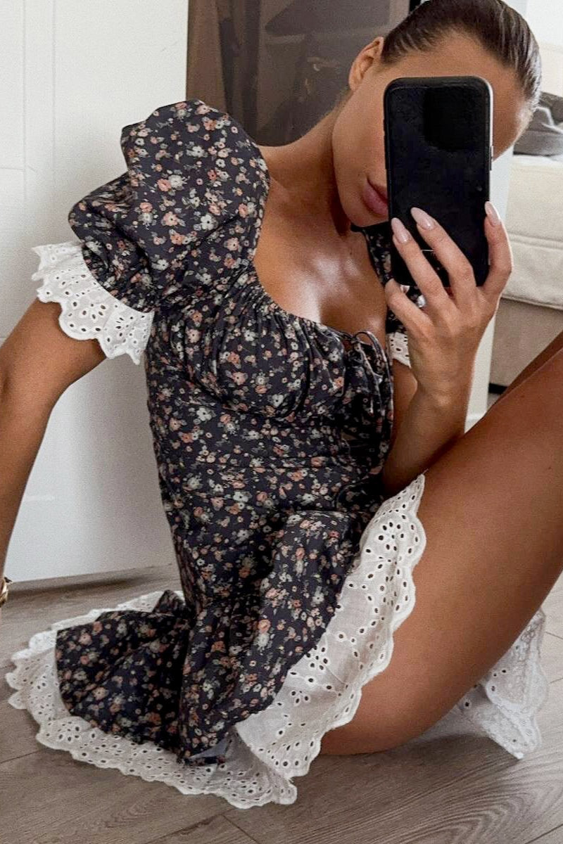 Lace Patch Floral High Waist Mini Dress image 1
