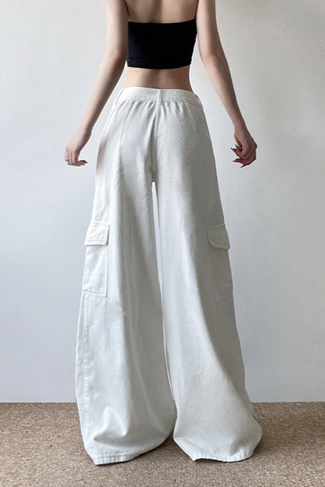 Long Zipper Pocket White Cargo Wide Leg Jeans image 4