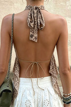 Leopard Mesh Irregular Ruffle Deep V Halter Top image 5
