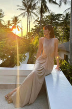 Heavy Work Cutout Flowy Soft Halter Elegant Maxi Dress image 3