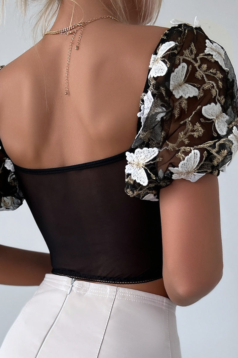 Sheer Butterfly Embroidery Mesh Panel Backless Cami Blouse image 4